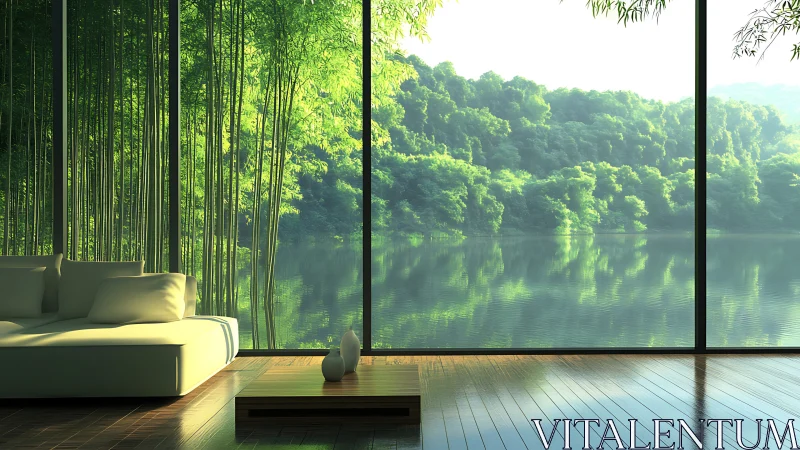 Panoramic glass-walled living space overlooking reflective forest lake