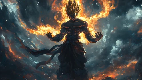 Dynamic anime warrior in flaming aura, high-contrast digital painting.