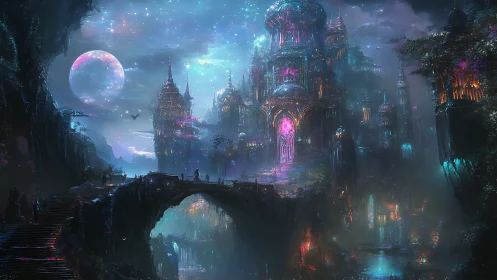 Luminescent astral citadel rises above misted chasm at night