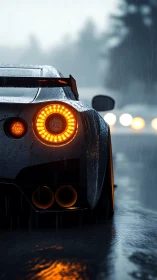 Rear quarter view of sports car in wet night traffic.
