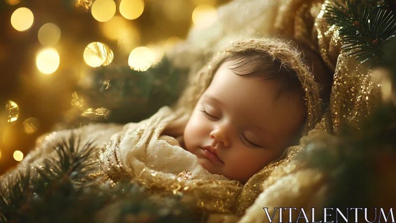 Infant lies asleep among gold fabric and defocused lights