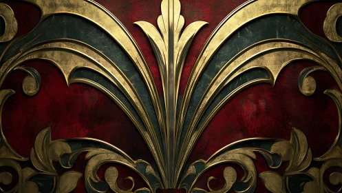 Ornate golden arabesque flourishes curve over crimson ground