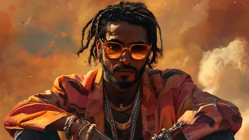 Digital portrait with cinematic lighting and warm atmospheric clouds.