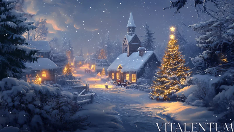 Snowy village chapel glows warmly under twinkling lights