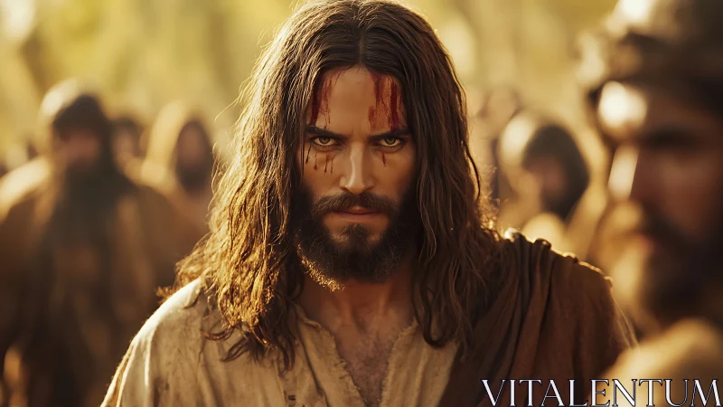 Solemn robed figure with intense gaze in golden light.