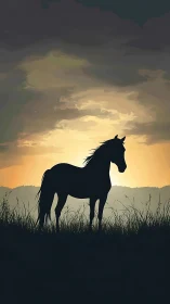 Silhouetted horse stands in glowing sunset over quiet field