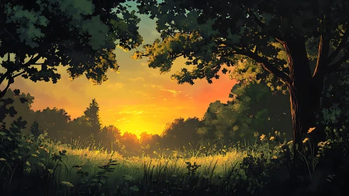 Sunlit forest clearing framed by foliage at golden hour.