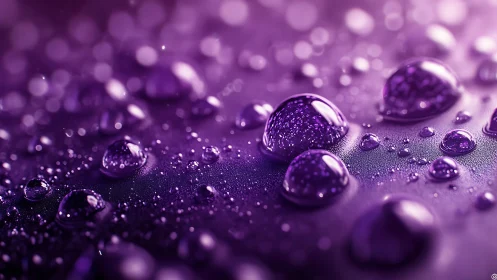 Glimmering purple droplets glowing on a dreamy surface.