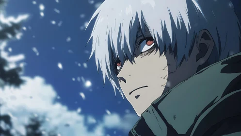 White-haired anime loner gazes upward in falling snow.