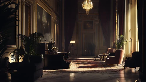 Luxurious neoclassical lounge catches warm evening light