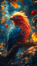 Digital painting of luminous tropical bird in bokeh forest.
