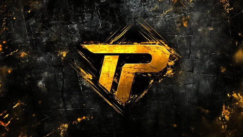 Gold TP monogram logo with grunge splatter effects on black.
