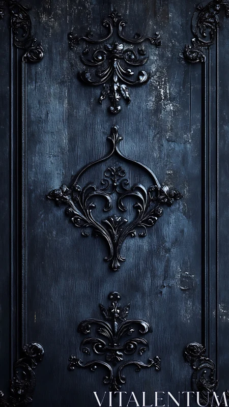 Baroque black wall panel with ornate symmetrical flourishes.