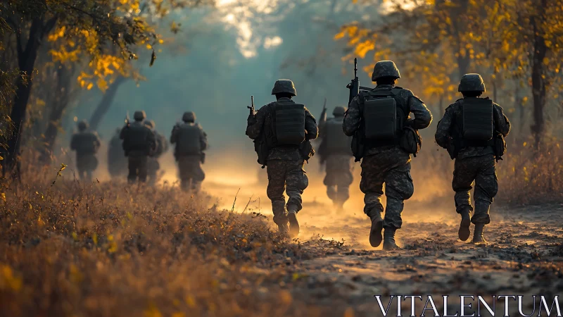 Dusty forest trail swallows marching soldiers in molten light