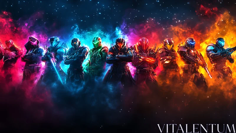 Neon armored squad stands united in vivid cosmic flames.