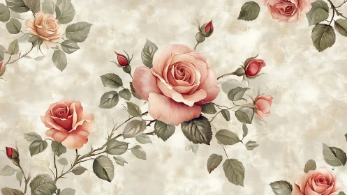 Vintage blush rose bouquet pattern on textured cream background.