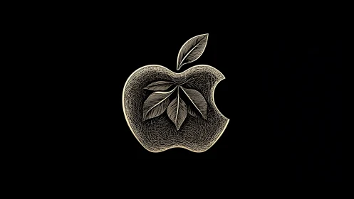 Golden apple emblem with engraved leaf detail on black