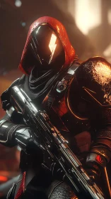 Armored cyber-assassin with reflective visor and plasma rifle.