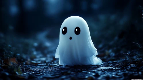 Small glowing cartoon ghost stands alone on a dark path