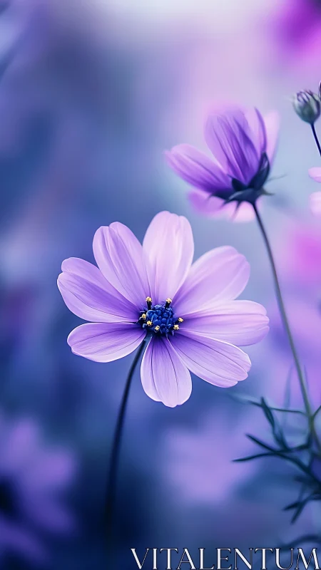 Purple Cosmos Flowers in Soft Focus Composition.
