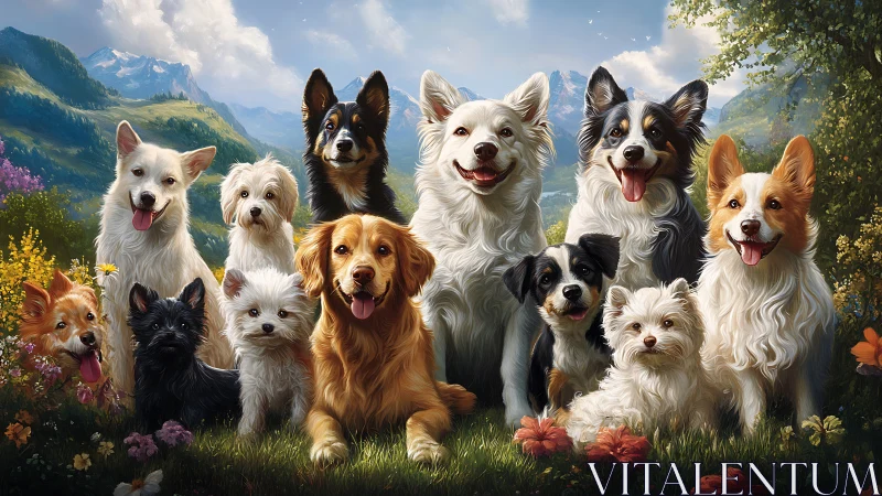 Sunny meadow meet-up with joyful dogs and wagging hearts.