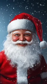 Jolly Santa Claus smiles warmly amid softly falling snow.