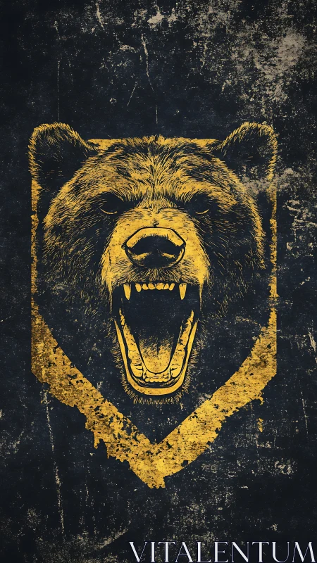 Roaring bear head illustration fills distressed golden emblem