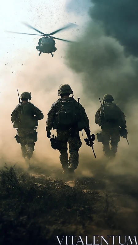 Soldiers walk through battlefield smoke toward helicopter.