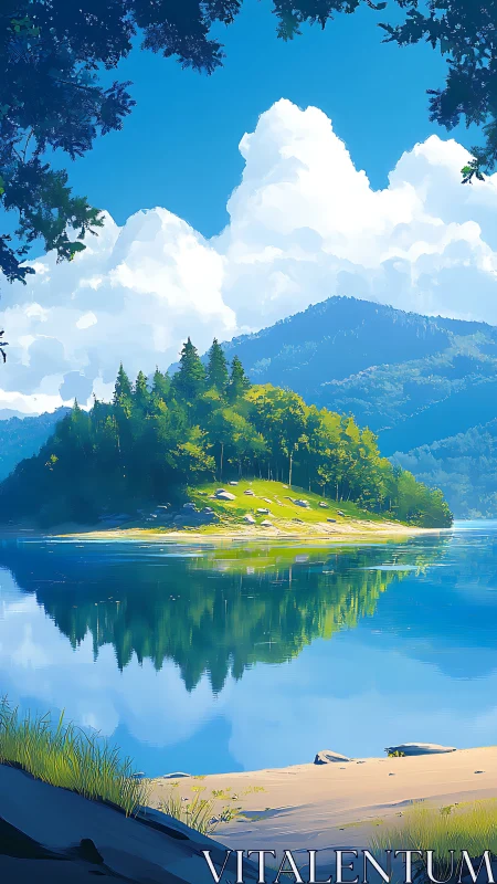 Sunny forested island reflects across calm mountain lake
