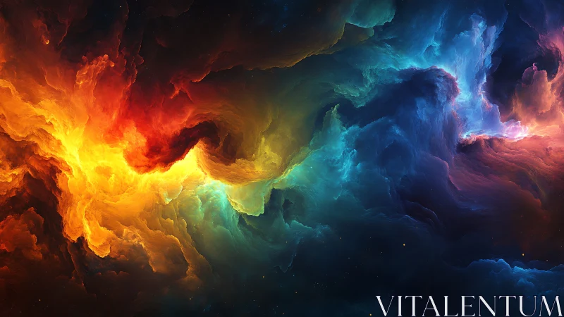 Glowing cosmic clouds swirling in vibrant fiery and cool hues.