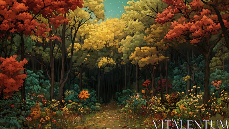 Autumn forest pathway with chromatic canopy stratification and depth layering