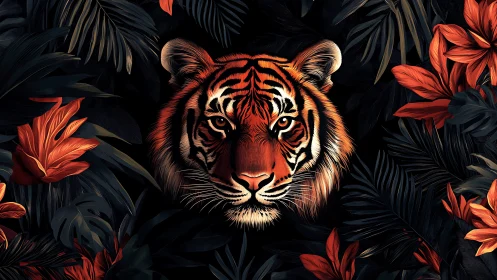 Digital tiger portrait centered in dark tropical foliage field