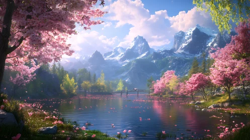 Serene alpine lake with cherry blossoms and distant bridge.