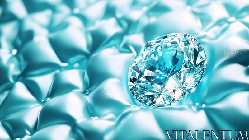 Brilliant diamond resting on glossy aqua cushion, modern luxury style.