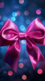 Glistening pink ribbon bow glowing against soft party lights.