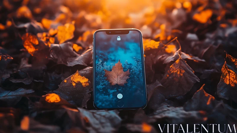 Autumn phone portal catching a single ember-bright leaf.