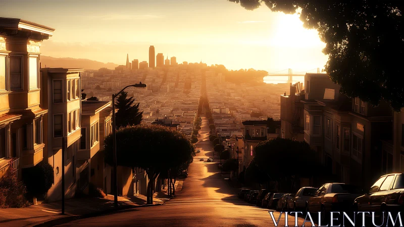 Photorealistic sunset street descent with distant city skyline.