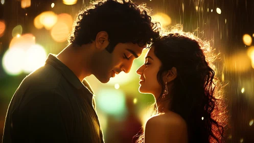 Backlit Couple in Rain: Golden Hour Atmospheric Portrait.
