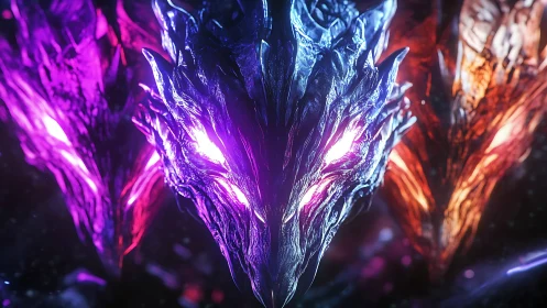 Triple crystalline dragon heads glow with neon backlighting