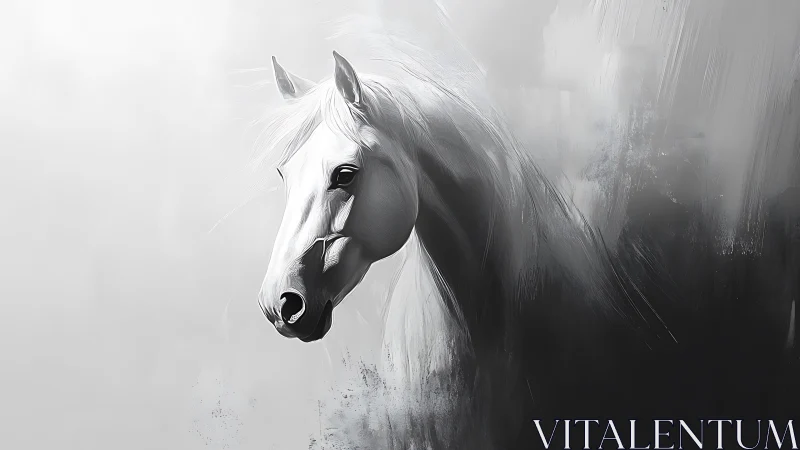 Whispered grace of a white horse in soft monochrome mist.