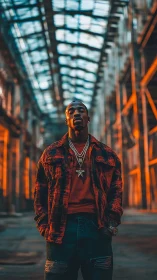 Flannel-clad urban monarch holds still beneath molten rafters