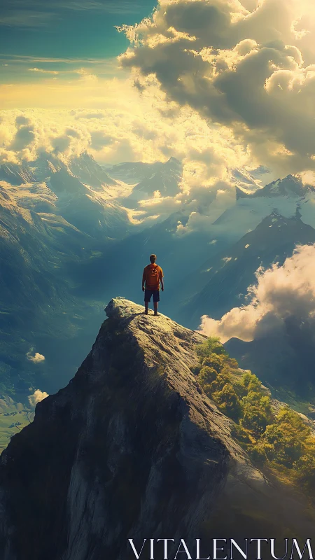 Figure stands on high rocky peak above clouded valley