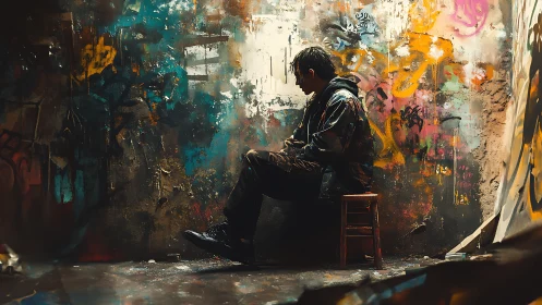 Solitary street artist rests in a vivid graffiti-splashed room