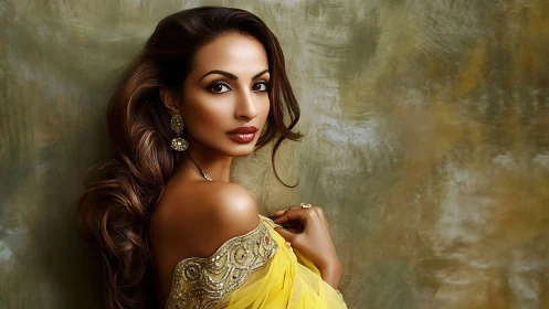 Graceful woman in golden yellow sari with gentle, warm gaze.