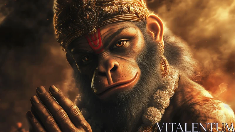 Divine monkey warrior bows amid molten clouds of light