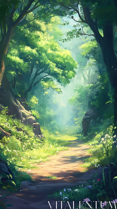 Enchanted Forest Path with Ethereal Golden Sunlight