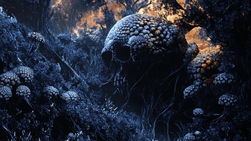 Bioluminescent skull forest under burning twilight sky.