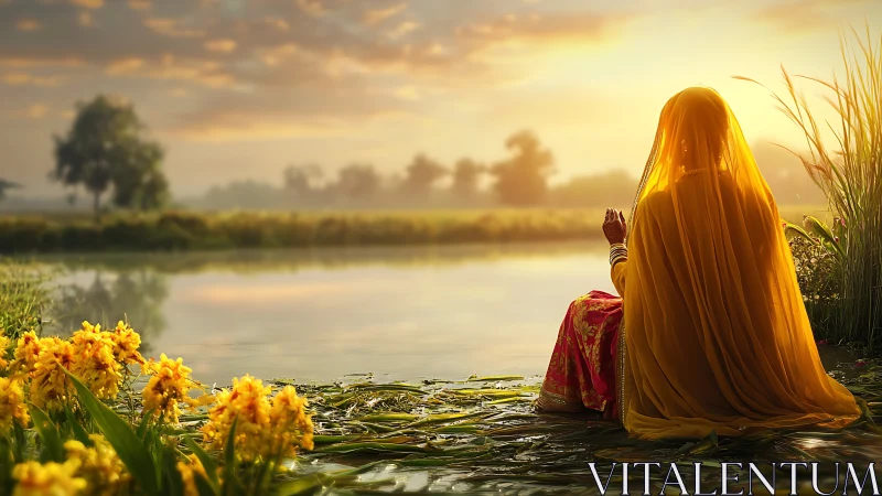 Golden-veiled dawn listener breathes quiet prayers by water