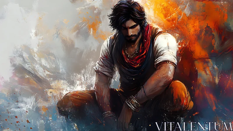 Brooding warrior kneeling amid fiery abstract stormscape.