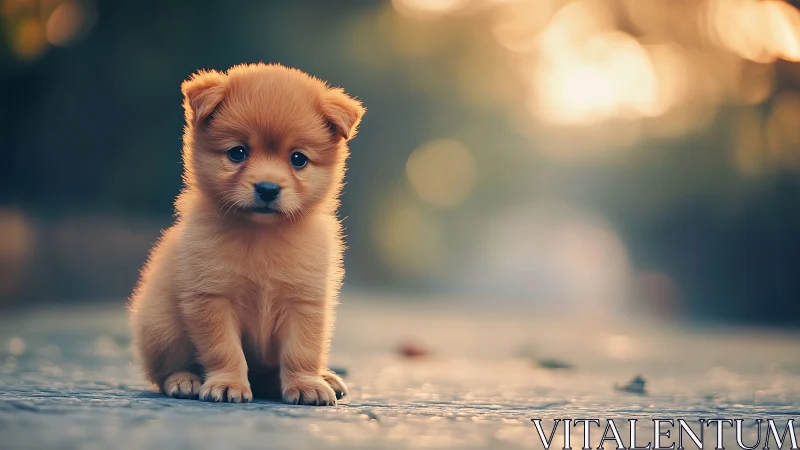 Shallow-depth portrait isolates small ginger puppy on textured ground